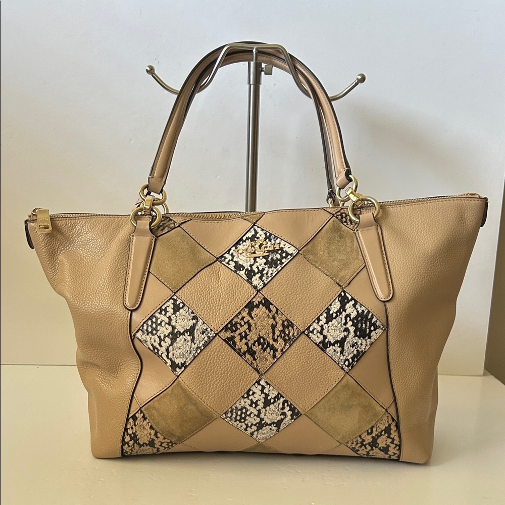 Coach Tan/ Black Leather Suede Patchwork Python Print Tote/Shoulder 70’s Vibe